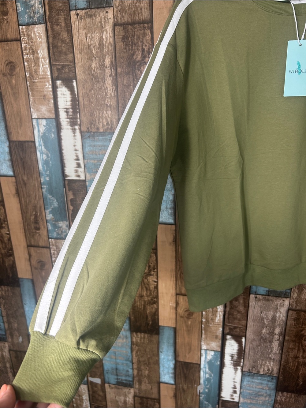 Army green white striped sleeve oversized sweatshirt - Picture 5 of 12